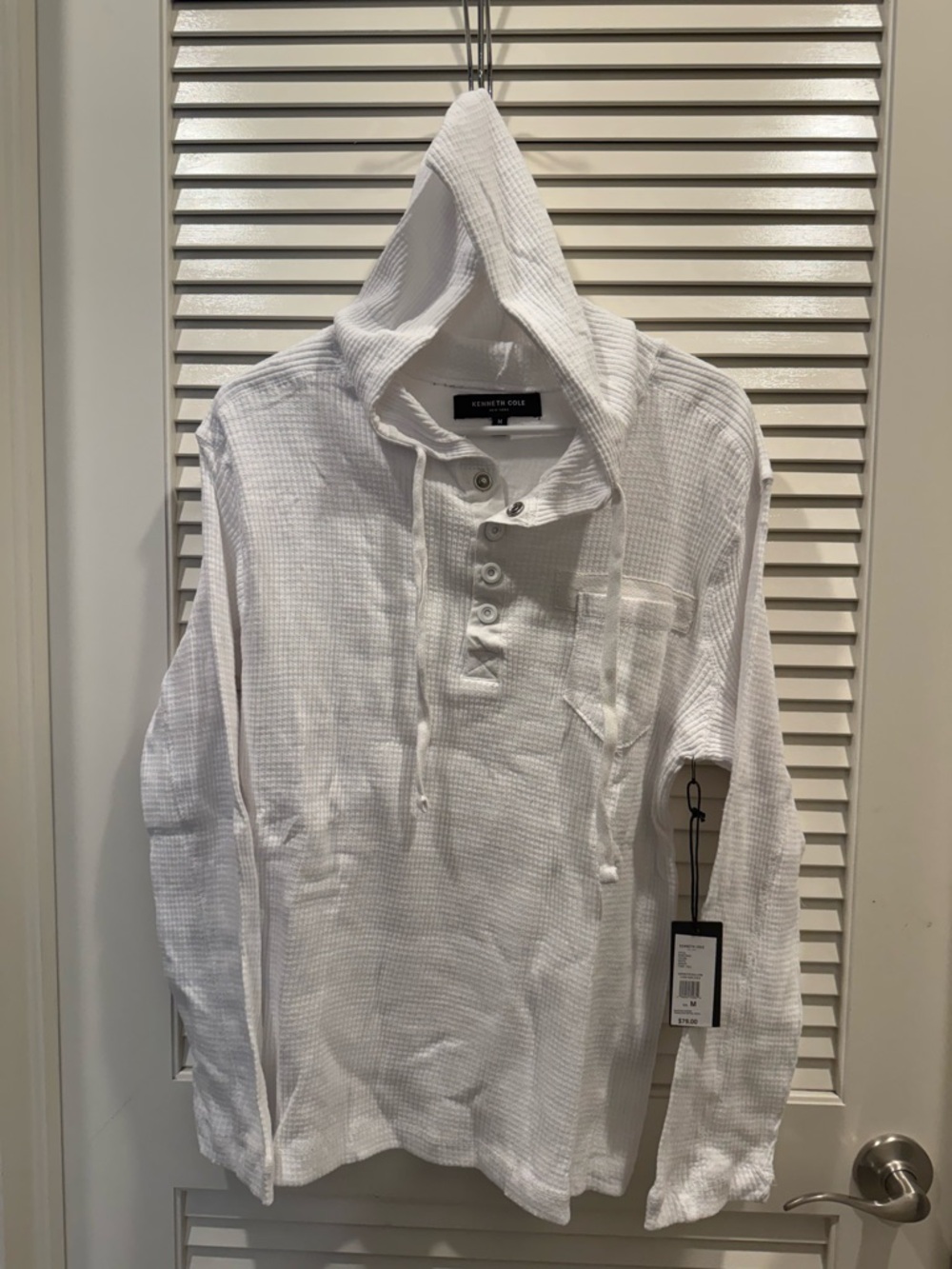 Kenneth Cole White Waffle Knit Hooded Henley Pullover